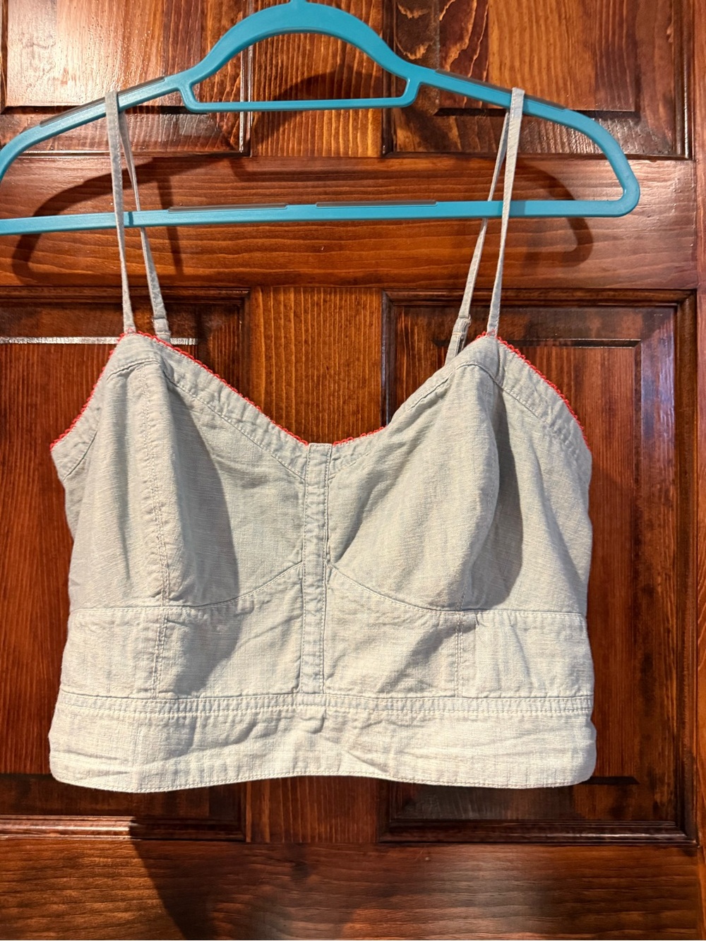 Vintage American Eagle Outfitters Light Blue Denim Crop Cami with Red Trim